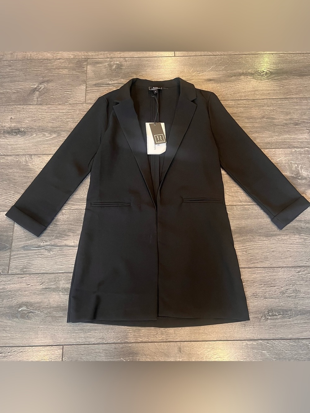 HAVE Jacket Womens Small Black Open Front Longline Blazer 3/4 Sleeve Stretch
